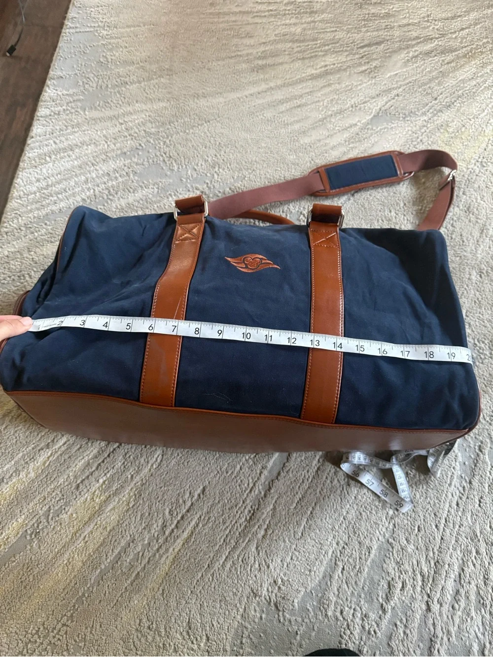 Peter Millar Navy Blue Duffel Bag Crown Seal Canvas Disney Cruise Brown Accents